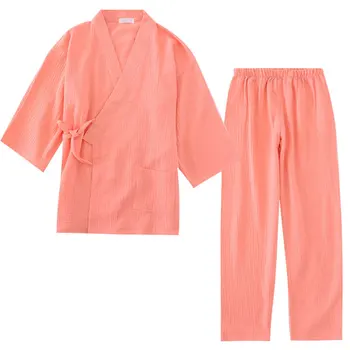 100% Medvilnės Krepo Vyrų ir Moterų Kimono Pižama ilgomis rankovėmis V-Kaklo, Pižamos Moterims Kimono Kostiumas, Kietas Plius Dydis Pijama Mujer