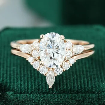 2 ovalo formos mosan Akmens Vestuvinis Žiedas Nustatyti Derliaus unikalus rose aukso vestuvinis žiedas