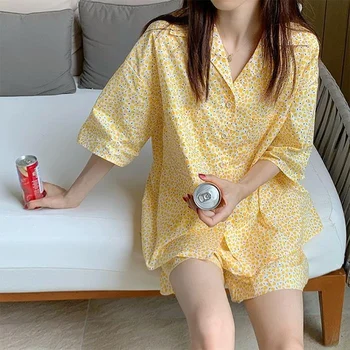 2 Vnt Korėjos Pižama Mergaitėms, Moterims, Namuose Kostiumas Moteriška Nustatyti Moteris Sleepwear Vasaros Gėlių Spausdinti Pijama Trumpas Rankovės Pižamos