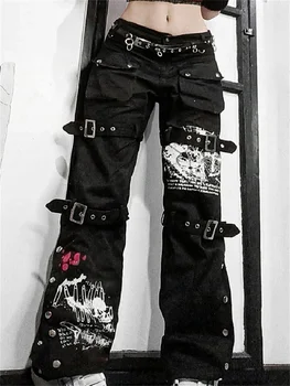 2022 Gothic Black Krovinių Kelnės E-girl Capri Moterims Mažas Juosmens Džinsai, Ilgos Kelnės Y2K Retro Grunge Hip-Hop, Punk Harajuku Streetwear