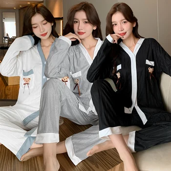 2022 Naują Pavasario Rudens Long Sleeve V-neck Cotton Pajama Rinkinys Moterims korėjos Sleepwear Kostiumas Pyjama Homewear Pijama Mujer Drabužiai