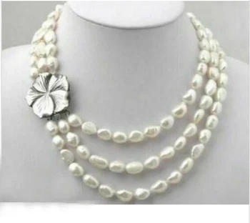 3 Eilėmis 9x10mm balta baroko perlas karoliai gėlių užsegimas Moteris Papuošalai natūralių gėlavandenių perlų 43cm 17