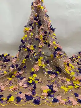 3D Gėlių Afrikos Karoliukai Nėrinių Audinys, Aukštos Kokybės prancūzų Siuvinėjimai Blizgančiais Tiulio Audinio Nigerijos Šalis