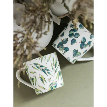 480ml ins populiarus keramikos puodelis su rankena Europoje stiliaus žali lapai spausdinami vandens didelių pajėgumų kalėdų dovanos, porceliano puodeliai