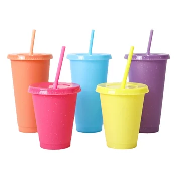 5VNT spalvos-keitimas blizgučiai virdulys merginos daugkartinio naudojimo kieto plastiko kavos puodeliai su šiaudelius gėrimams, puodeliai dovanos