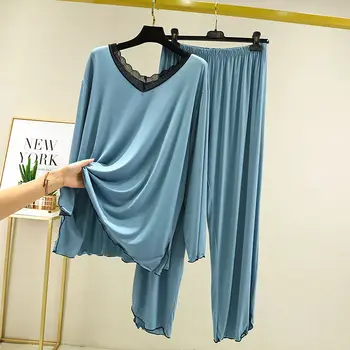  90KG Moterų Modalinis Pižama Rinkiniai Pavasario ilgomis Rankovėmis Viršų ir Blauzdos Ilgio Kelnės Moterims, Minkštas Sleepwear Kostiumas Sleepwear E49