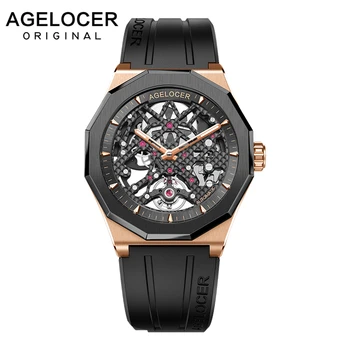 Agelocer Top Brand Prabanga Rose Gold Skeletas 80 Valandų Galios Rezervo Automatinis Laikrodžiai Gumos Dirželis Vyrų Laikrodis 6001H1-R