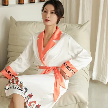 Dirbtiniais Šilko Spausdinti Kimono Suknelė Atsitiktinis Moterų Apdaras Turn-žemyn Apykaklės Sleepwear naktiniai drabužiai Namų Drabužiai Laisvi Ištaigingas Dėvėti Chalatą
