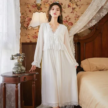 FZSLCYIYI Pavasarį, Rudenį Seksualus ilgomis Rankovėmis Medvilnės Modalinį Palace Stiliaus Pižamą Nightdress Atsitiktinis Palaidų Šiltas Sleepwear
