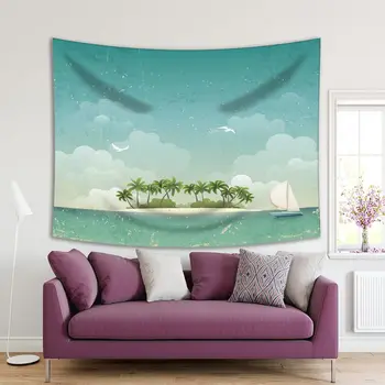 Gobelenas Tropic Island Palm Vandenyno Havaii Paplūdimio Derliaus Plakato Stiliaus meno Kūrinio Kryklės ir Žalia Spalvomis Spausdinti