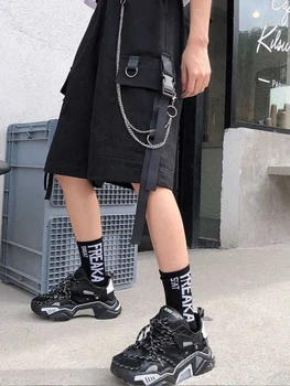 Juoda Krovinių Šortai Moterims Cool Punk Korėjos Hip-Hop Kelnes Harajuku Negabaritinių Gotikos Kelnės Mergina Vasaros Harajuku Vaikinu Kelnės