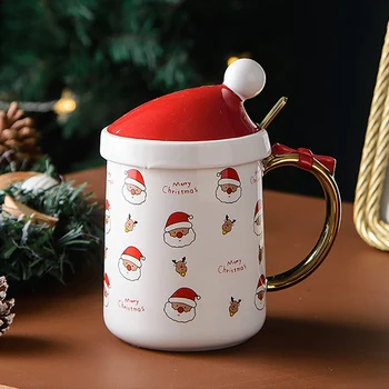 Kalėdų Keramikos Puodelis Kavos Puodelius su Kalėdų Skrybėlę Dangteliu ir Šaukštu Rankų darbo Suvenyrinius Puodelius Unikali Kalėdų Dovana Draugams