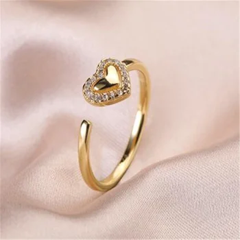Korėjos Stiliaus Aukso Spalvos Širdies Formos Kristalų Tendencija Moterų Žiedų Reguliuojamas Atidaryti Žiedas Reikmenys, Papuošalai