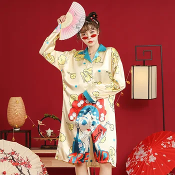 Ledo šilko retro stiliaus Kinijos stiliaus ponios pižama megztinis ilgomis rankovėmis, minkšta Pietų korėjos šilko mergina miega sijonas namų suknelė