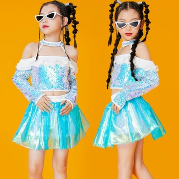 Mados Vaikų Džiazo Šokio Kostiumai Podiumo Veiklos Kostiumai, Blizgučiai Kpop Komplektus Merginų Hip-Hop Šokių Drabužius DN13188