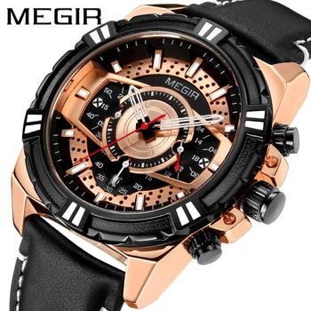 MEGIR Sporto Chronometras Laikrodžiai Vyrams, Vandeniui Markės Originali Odinis Dirželis Kvarcas Laikrodžiai Prabanga Švytinčios Kariniai Laikrodžiai