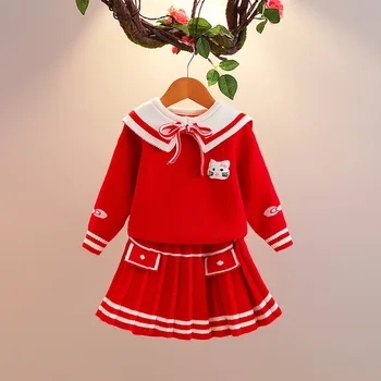 Merginos rudenį nustatyti 2021 vaikų karinio jūrų laivyno apykaklės kolegija stiliaus megztinis nustato sijonas, dviejų dalių mados drabužiai vaikams drabužių komplektus