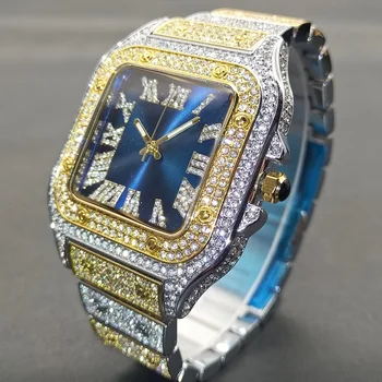 MISSFOX Žiūrėti Vyrams, Verslo Staineless Plieno Lediniame Iš Vandeniui Vyrų Kvarco Reloj Hip-Hop Šviesos Mens Diamond Laikrodžius