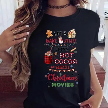 Moterų Black Marškinėliai linksmų Kalėdų Animacinių filmų Spausdinti Viršuje tee Marškinėlius Naujųjų Metų T-shirt Mados Marškinėliai, Femme Kalėdų Dovanos футболка