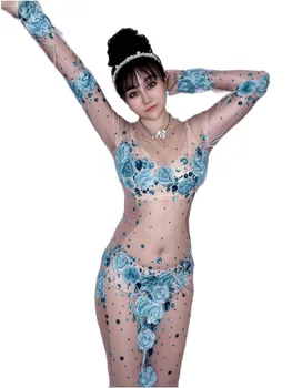 Mėlyna Violetinė Spindinčiais Cirkonio Seksualus Gėlių Sexy Ilga Suknelė Moterims Mados Šou Scenoje Modelis Kostiumų Karnavalas Drag Queen Dėvėti