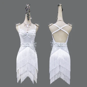 Naujas baltos spalvos lotynų šokių profesinės veiklos konkurencijos suknelė moterų šokių sijonas su kutais kalnų krištolas vienas-piece suknelė