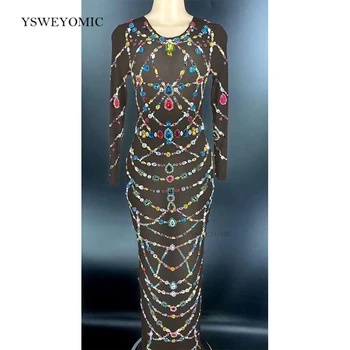 Naujas Stilius Multi-color Skaidriais Cirkonio Ilga Suknelė Baro Gimtadienio Apranga, Suknelė Moterų Šokių Švęsti Rodyti Suknelė
