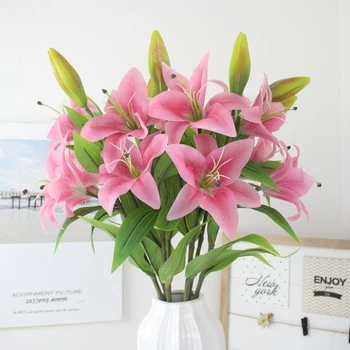 Naujos Dirbtinės 3 Vadovai Lily Aukštos kokybės Gėlių Nekilnojamojo Touch Modeliavimas Gėlių Vestuvių Home Hotel Biuro Apdailos Netikrą Gėlės