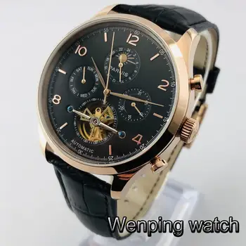 Parnis 2020 naujas 43mm mens viršuje smagratis laikrodžiai rose gold atveju black dial data odinis dirželis automatinė mens watch