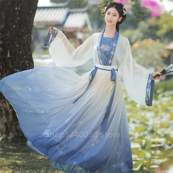 Pasakų Kinijos Tradicinių Kostiumų Derliaus Moterų Siuvinėjimo Hanfu Suknelė Elegantiškas Senovės Tang Dinastijos Liaudies Šokių Festivalis Drabužiai