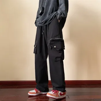 Pilkas Juodas Krovinių Kelnės Vyrams Mados Retro Kišenėje Atsitiktinis Kelnės Vyrams Japonijos Streetwear Hip-hop Prarasti Tiesiai Mens Kelnės M-3XL