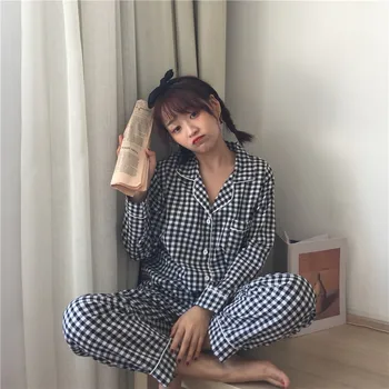 Pledas Rudenį Namuose Kostiumas Korėjos Derliaus Dviejų Dalių Pižama Nustatyti Moterys Viena Breasted Marškinėliai + Kelnės Nustatyti Sleepwear Homewear