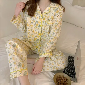 ponios pavasarį moterys prašmatnus rausvos spalvos, geltonos spalvos gėlių spausdinti pižama ilgomis rankovėmis nustatyti moteris saldus, minkštas sleepwear krūtinėmis pyjama femme
