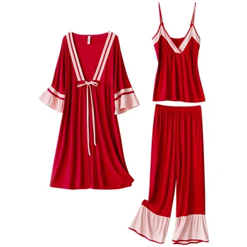Raudona moteriška pižama ilgomis rankovėmis sleepwear transporto rūšių kilpos Japonų kimono skraiste nuotakos nėrinių pižamą elegantiškas 3PCS pižama moterims