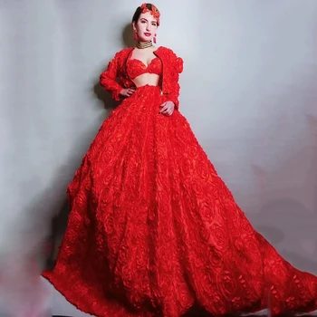 Raudonos Gėlės Suknelė Seksualus Etape Kostiumas Moterims Kristalai Apranga 3 Gabalus Gimtadienio Vakaro Šalis, Elegantiškas Suknelės Rave Drabužius DN1180 0