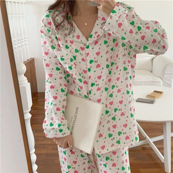 Rožinė Žalia Širdies Spausdinimo Namų Kostiumas Kawaii Korėjos Sleepwear Dviejų Dalių Komplektas Vieną Krūtinėmis Marškinėliai + Ilgas Kelnes Derliaus Homewear 2021