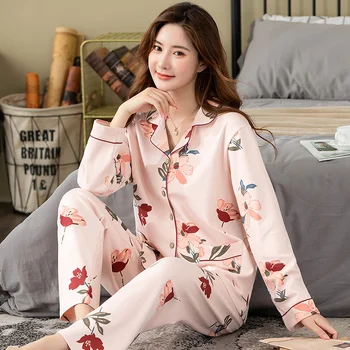 Rudenį, Žiemą Naujas Elegantiškas Stilius Pink Gėlių Turn-Žemyn Apykaklės Pajama Nustatyti Vyrų Ir Moterų Soft & Komfortą Medvilnės Sleepwear Laisvalaikio Drabužiai 0
