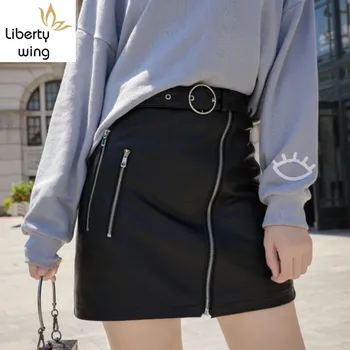 Seksualus Mini Moterų Aukščiausios Kokybės Avikailio Natūralios Odos Sijonas Office Lady Linijos Diržo Slim Fit Didelė Juosmens Sijonai Streetwear