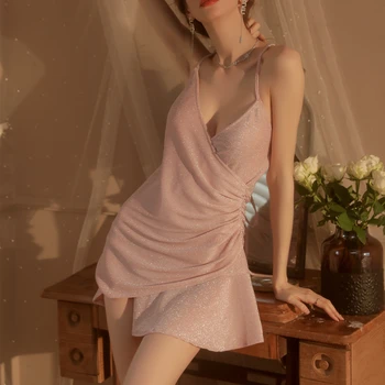 Seksualus Nightgowns Moterų Sleepwear Grožio Atgal Tvarstis Blizga Nesimetriškas Naktį Suknelė Backless Pagundai Namų Drabužių Pižama