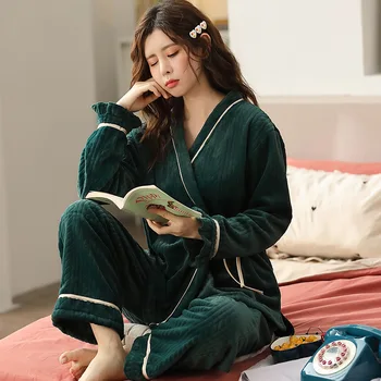 Sleepwear Moterų Rudenį ir Žiemą, Plius Aksomo vientisos Spalvos Šiltas Japonijos-Dviejų dalių kostiumėlį Žiemos Pižama Nustatyti Feamle
