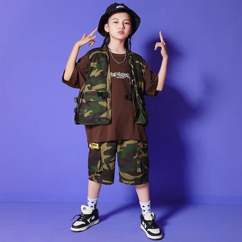 Vaikai Kpop Hip-Hop Drabužių Camo Vest Grafinis Tee Negabaritinių Marškinėliai Taktinis Krovinių Šortai Girl Berniukas Džiazo Šokio Kostiumų Drabužiai