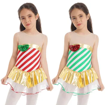 Vaikų Mergaičių Kalėdų Baleto Šokių Suknelė Be Rankovių Dryžuotas China Akių Tutu Dancewear Kalėdos Gimnastika, Dailusis Čiuožimas Leotard