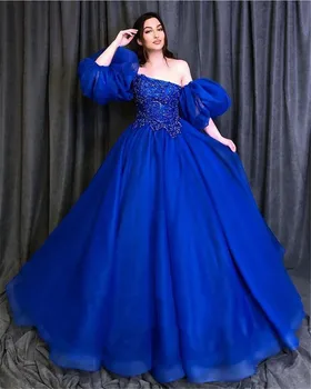 Vestido De 15 Anos Quinceanera Suknelės 2022 Trumpas Reljefiniai Rankovėmis Drabužius De Soirée Zawalcowany Aplikacijos Royal Blue Ilgai Keltas Suknelės, Šaliai