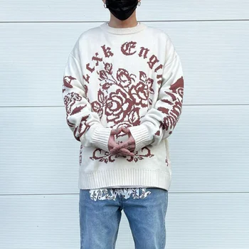 Harajuku Gėlių Modelio Megztas Megztinis Megztinis Megztiniai Streetwear Hip-Hop Atsitiktinis ilgomis Rankovėmis O-kaklo Trikotažas Megztinis Vyrams Viršūnės 1