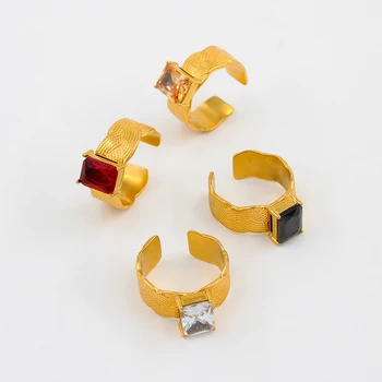 Hipoalerginės Žavesio, Nerūdijančio Plieno, Aukso spalvos Aikštėje Cirkonis Moterų Manžetai Žiedas Tekstūros Raižyti Kristalų Vestuvių Papuošalai 1