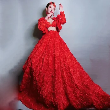 Raudonos Gėlės Suknelė Seksualus Etape Kostiumas Moterims Kristalai Apranga 3 Gabalus Gimtadienio Vakaro Šalis, Elegantiškas Suknelės Rave Drabužius DN1180 1