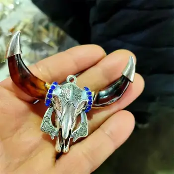 Kinija Tibeto Sidabro Perlas Dantų Pasisekė Zodiako Gyvūnų Bull Amuletas Pakabukas 2