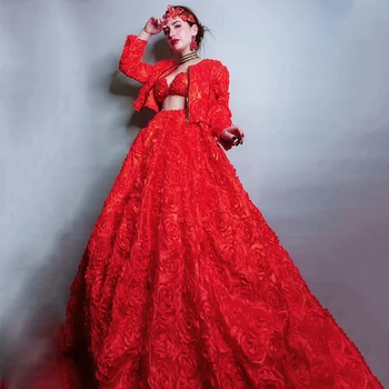 Raudonos Gėlės Suknelė Seksualus Etape Kostiumas Moterims Kristalai Apranga 3 Gabalus Gimtadienio Vakaro Šalis, Elegantiškas Suknelės Rave Drabužius DN1180 2