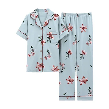 WIKISSPJS 2022 Naujų Pavasario ir Vasaros Paprasta Šviežių Plonas Spausdinti Medvilnės Rožinė Moterų Pižama Namų Drabužiai Sleepwear Loungewear 3
