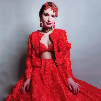 Raudonos Gėlės Suknelė Seksualus Etape Kostiumas Moterims Kristalai Apranga 3 Gabalus Gimtadienio Vakaro Šalis, Elegantiškas Suknelės Rave Drabužius DN1180 5