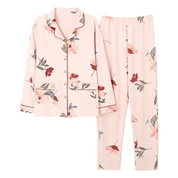Rudenį, Žiemą Naujas Elegantiškas Stilius Pink Gėlių Turn-Žemyn Apykaklės Pajama Nustatyti Vyrų Ir Moterų Soft & Komfortą Medvilnės Sleepwear Laisvalaikio Drabužiai 5